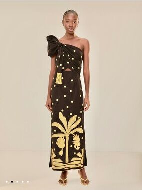 open lace back dress Black Delicate Forest Scarves Organic Cotton Maxi Dress – FARM Rio main image 0